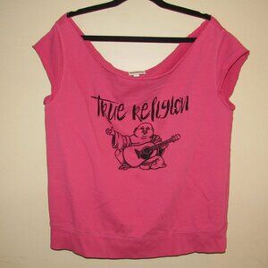 True Religion Pink Terry Pullover Shirt Top sz L Black Bling Logo Y2K Style